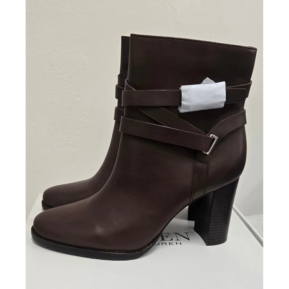 Lauren Ralph Lauren Collins Leather Ankle Boots Dark Brown Block Heel US 10 B